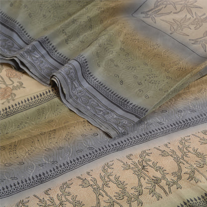 Sanskriti Vintage Sarees Green Pure Crepe Silk Block Printed Sari Craft Sustainable Fabric