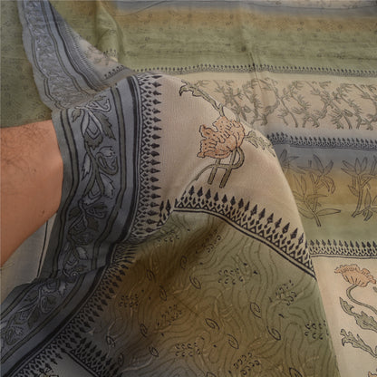 Sanskriti Vintage Sarees Green Pure Crepe Silk Block Printed Sari Craft Sustainable Fabric