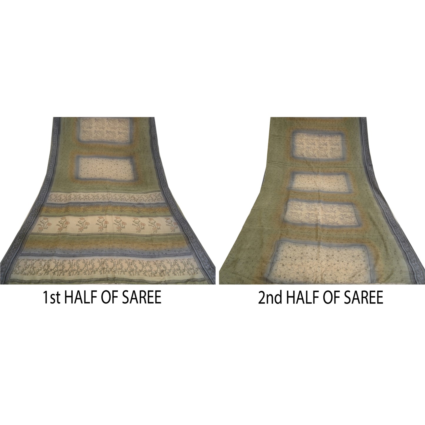 Sanskriti Vintage Sarees Green Pure Crepe Silk Block Printed Sari Craft Sustainable Fabric