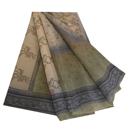Sanskriti Vintage Sarees Green Pure Crepe Silk Block Printed Sari Craft Sustainable Fabric