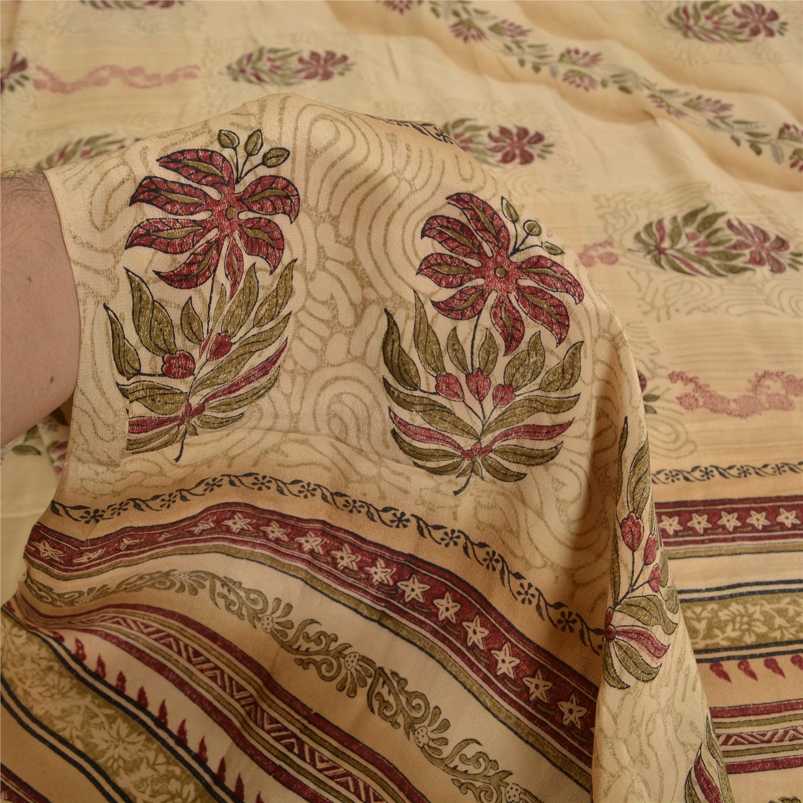 Sanskriti Vintage Hand Block Print Pure Crepe Silk Saree Fabric: Cream & Red Floral Design Pre-Owned Indian Upcycled, Recycled, Remnant