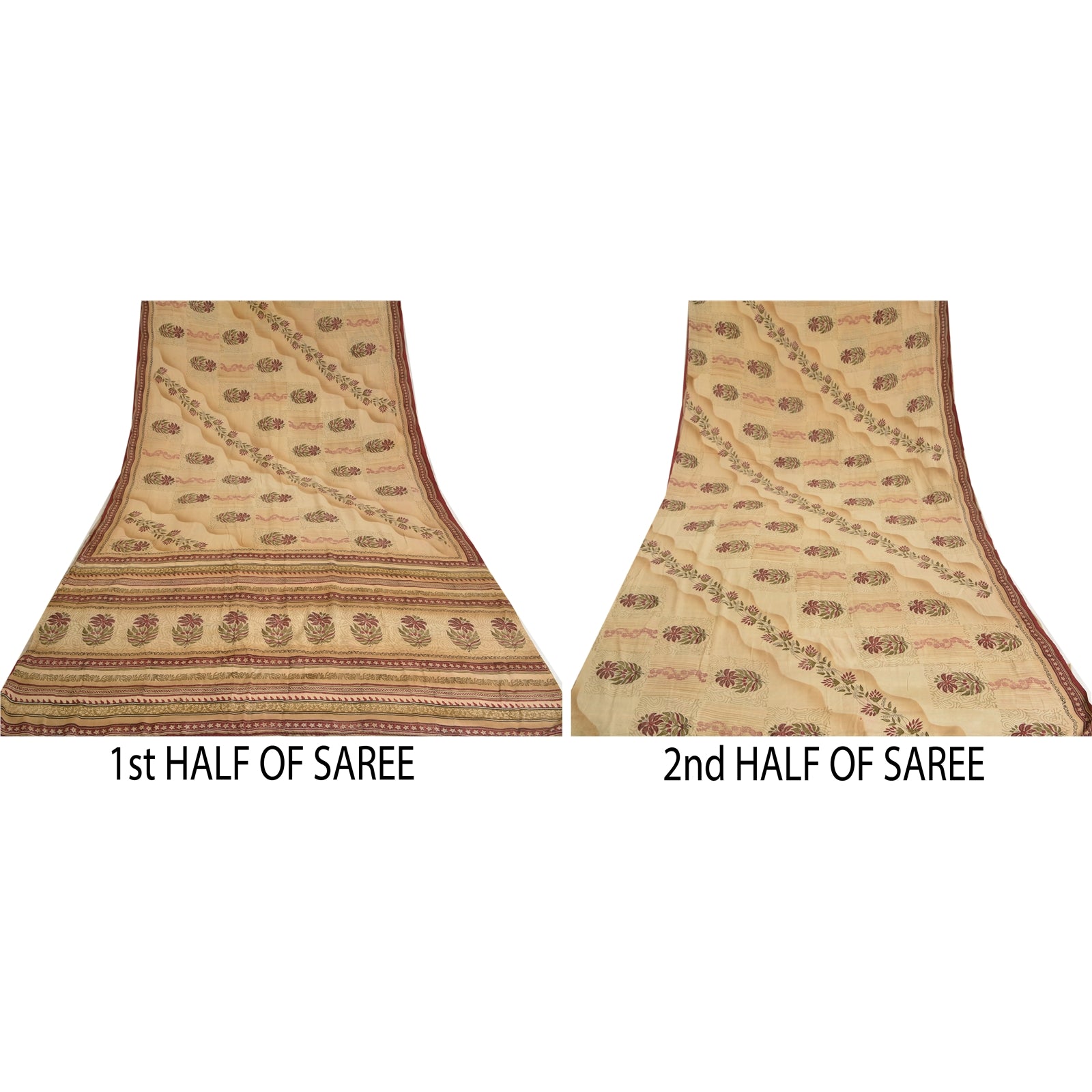 Sanskriti Vintage Hand Block Print Pure Crepe Silk Saree Fabric: Cream & Red Floral Design Pre-Owned Indian Upcycled, Recycled, Remnant