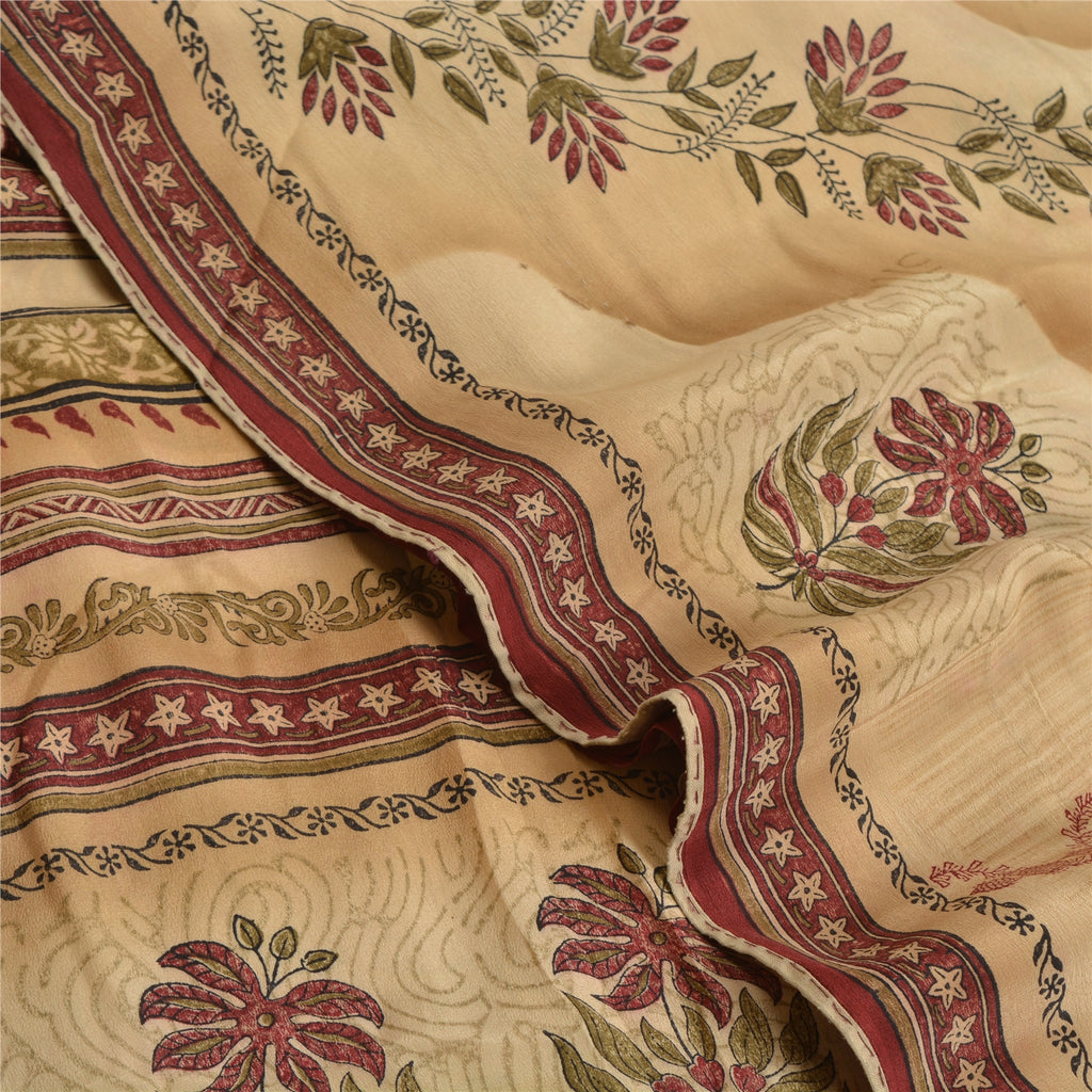 Sanskriti Vintage Hand Block Print Pure Crepe Silk Saree Fabric: Cream & Red Floral Design Pre-Owned Indian Upcycled, Recycled, Remnant