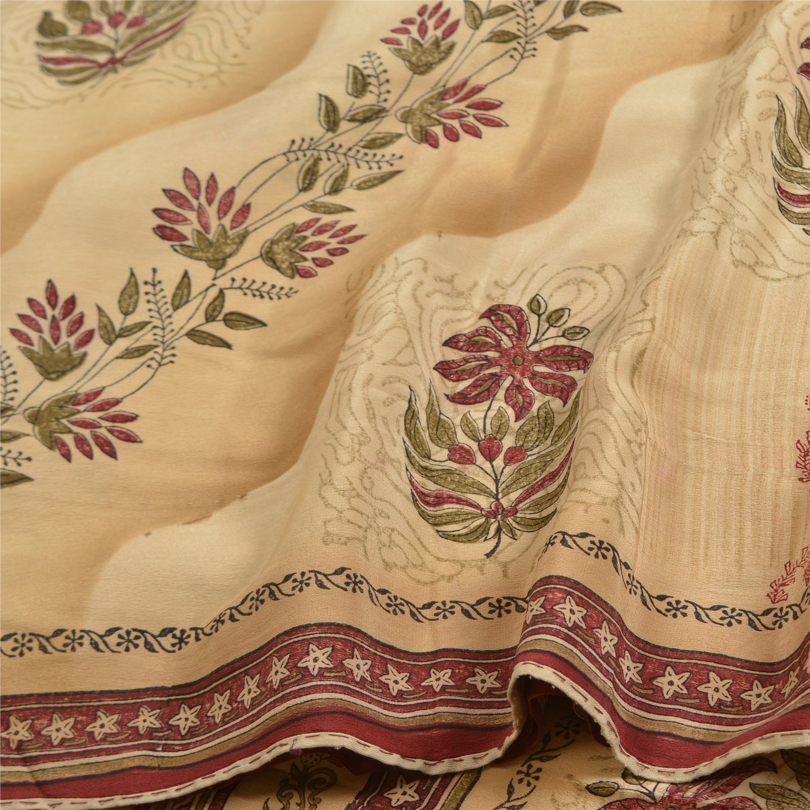 Sanskriti Vintage Hand Block Print Pure Crepe Silk Saree Fabric: Cream & Red Floral Design Pre-Owned Indian Upcycled, Recycled, Remnant