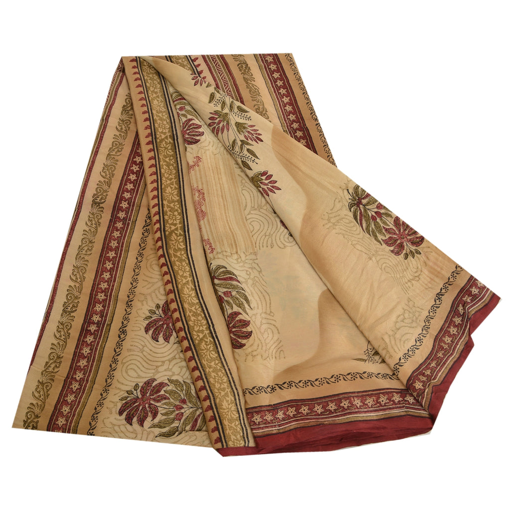 Sanskriti Vintage Hand Block Print Pure Crepe Silk Saree Fabric: Cream & Red Floral Design Pre-Owned Indian Upcycled, Recycled, Remnant