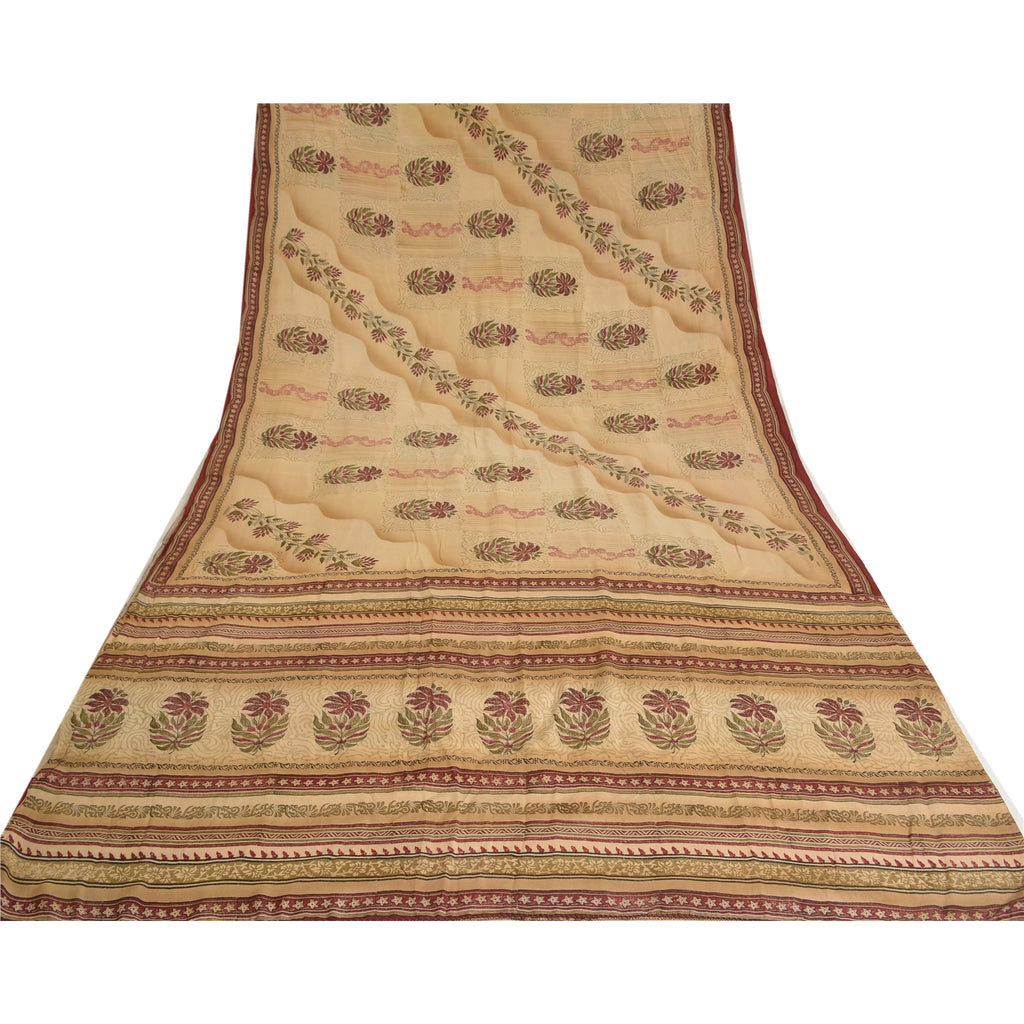 Sanskriti Vintage Hand Block Print Pure Crepe Silk Saree Fabric: Cream & Red Floral Design Pre-Owned Indian Upcycled, Recycled, Remnant