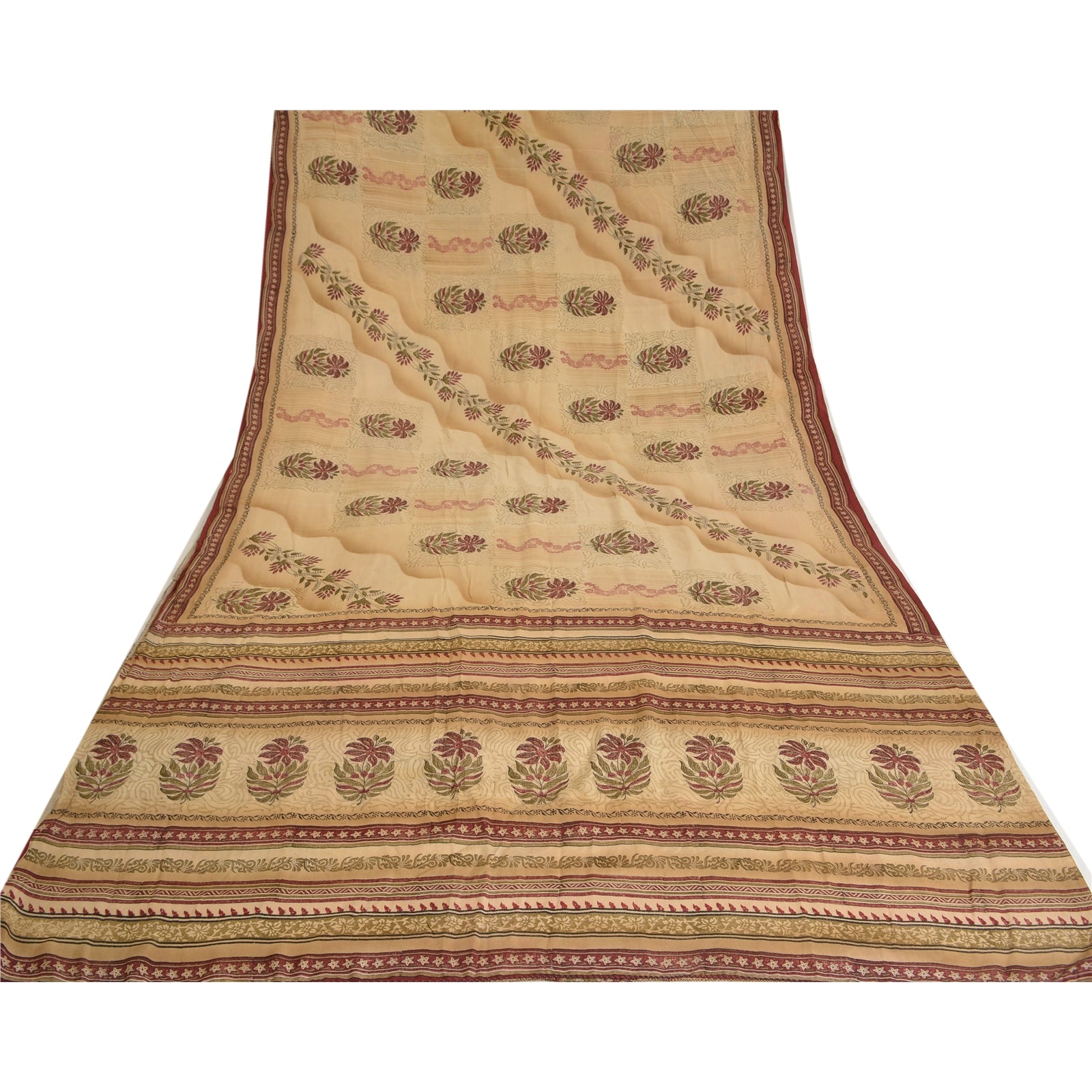 Sanskriti Vintage Hand Block Print Pure Crepe Silk Saree Fabric: Cream & Red Floral Design Pre-Owned Indian Upcycled, Recycled, Remnant