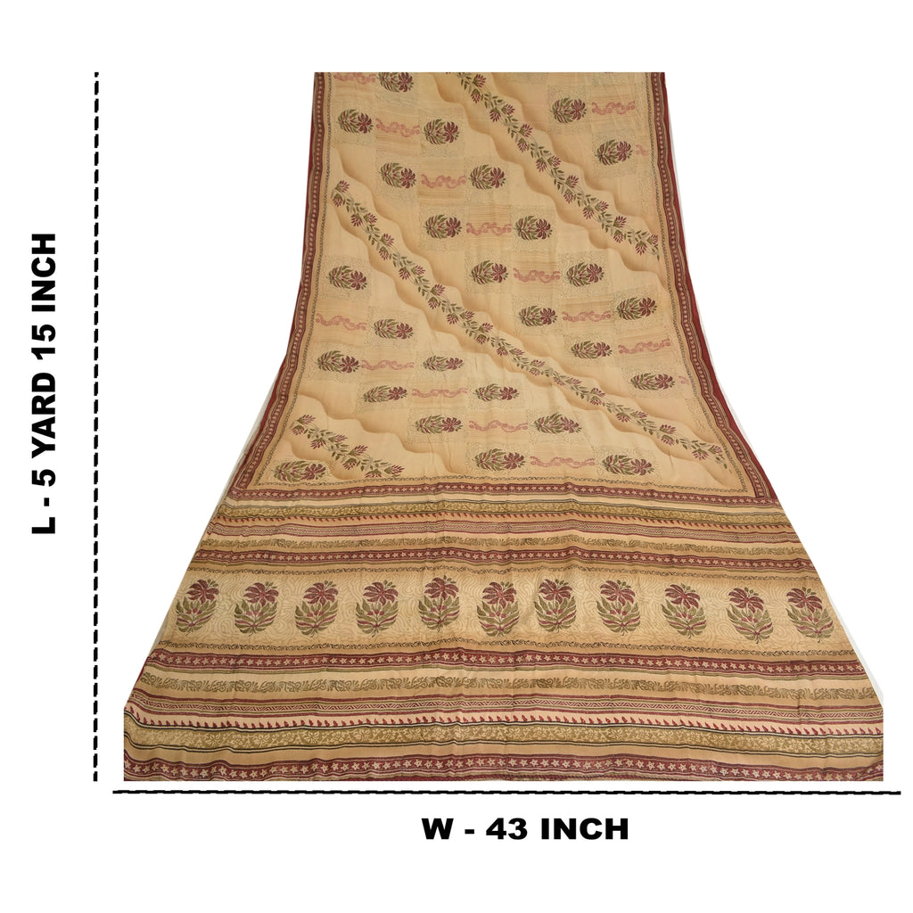 Sanskriti Vintage Hand Block Print Pure Crepe Silk Saree Fabric: Cream & Red Floral Design Pre-Owned Indian Upcycled, Recycled, Remnant