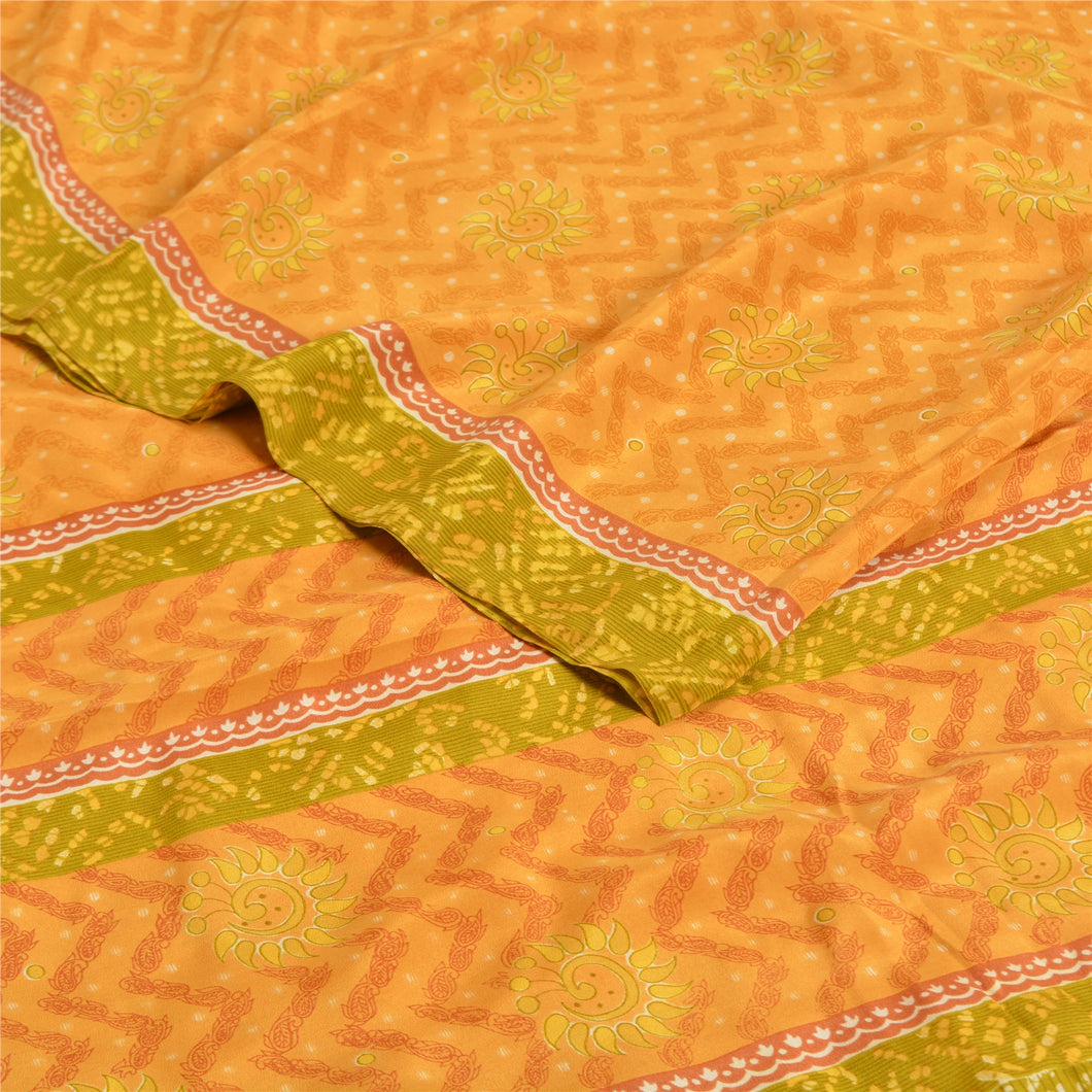 Sanskriti Vintage Sarees Saffron 100% Pure Crepe Silk Printed Sari Craft Fabric