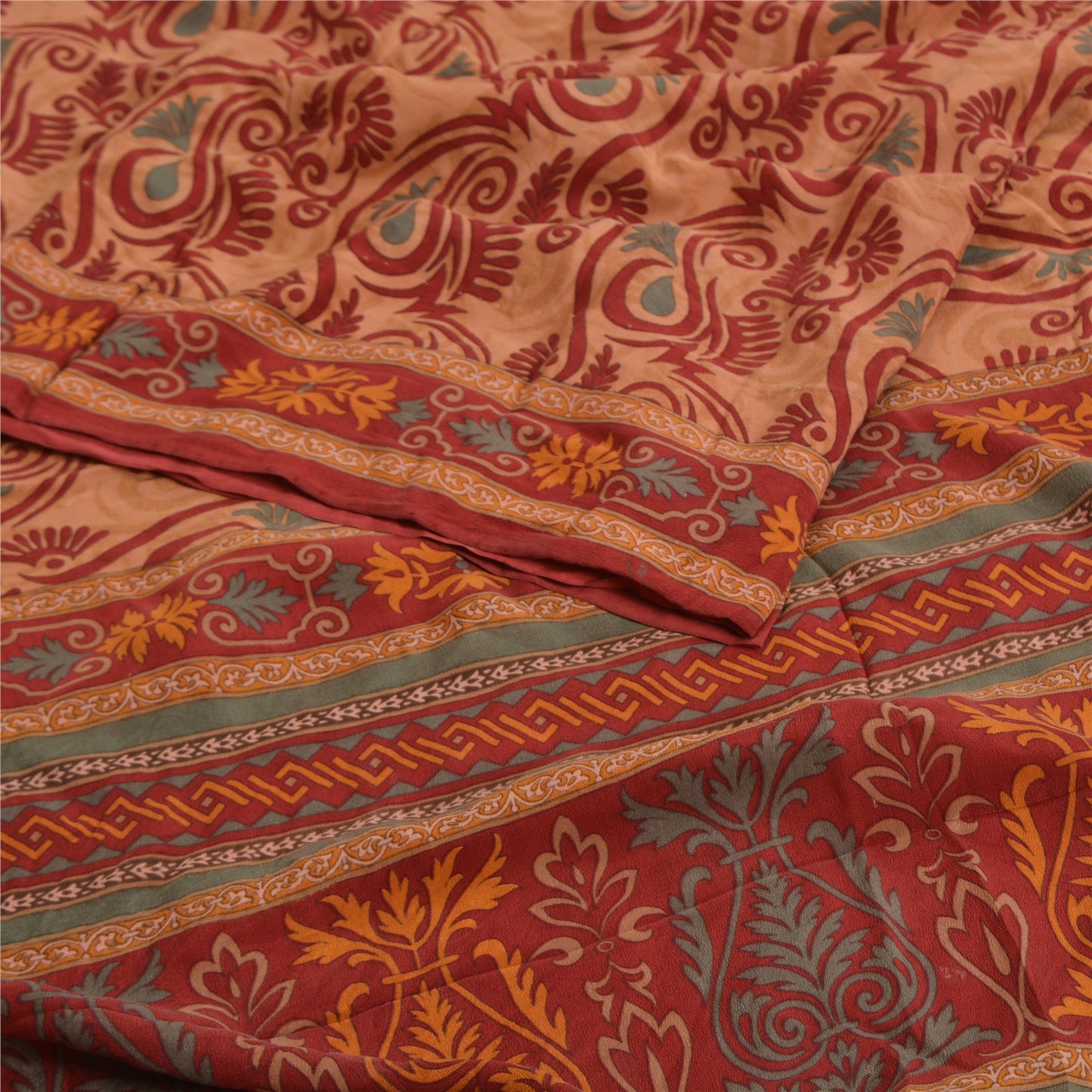 Sanskriti Vintage Sarees Orange Indian Printed Pure Crepe Silk Sari Craft Sustainable Fabric