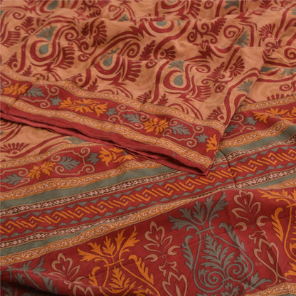 Sanskriti Vintage Sarees Orange Indian Printed Pure Crepe Silk Sari Craft Sustainable Fabric