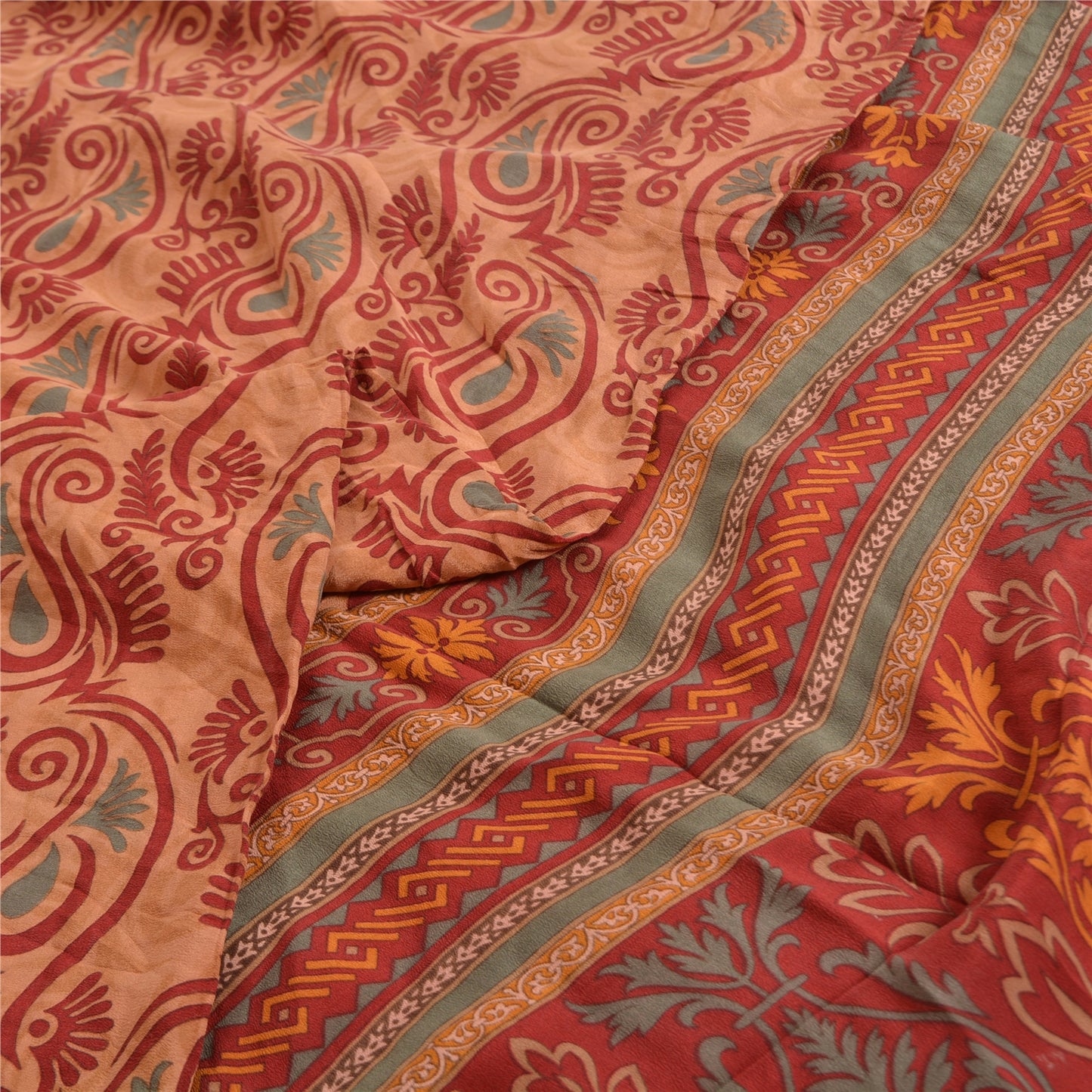 Sanskriti Vintage Sarees Orange Indian Printed Pure Crepe Silk Sari Craft Sustainable Fabric