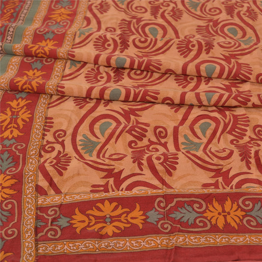 Sanskriti Vintage Sarees Orange Indian Printed Pure Crepe Silk Sari Craft Sustainable Fabric