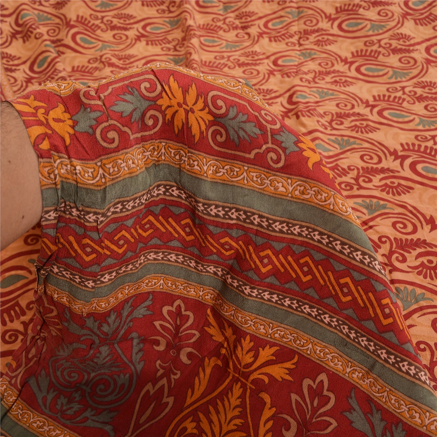 Sanskriti Vintage Sarees Orange Indian Printed Pure Crepe Silk Sari Craft Sustainable Fabric