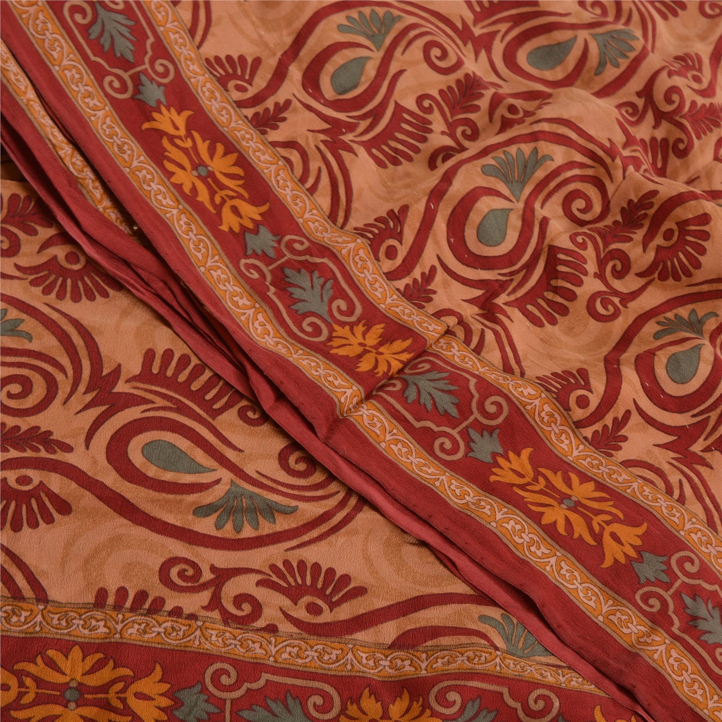 Sanskriti Vintage Sarees Orange Indian Printed Pure Crepe Silk Sari Craft Sustainable Fabric