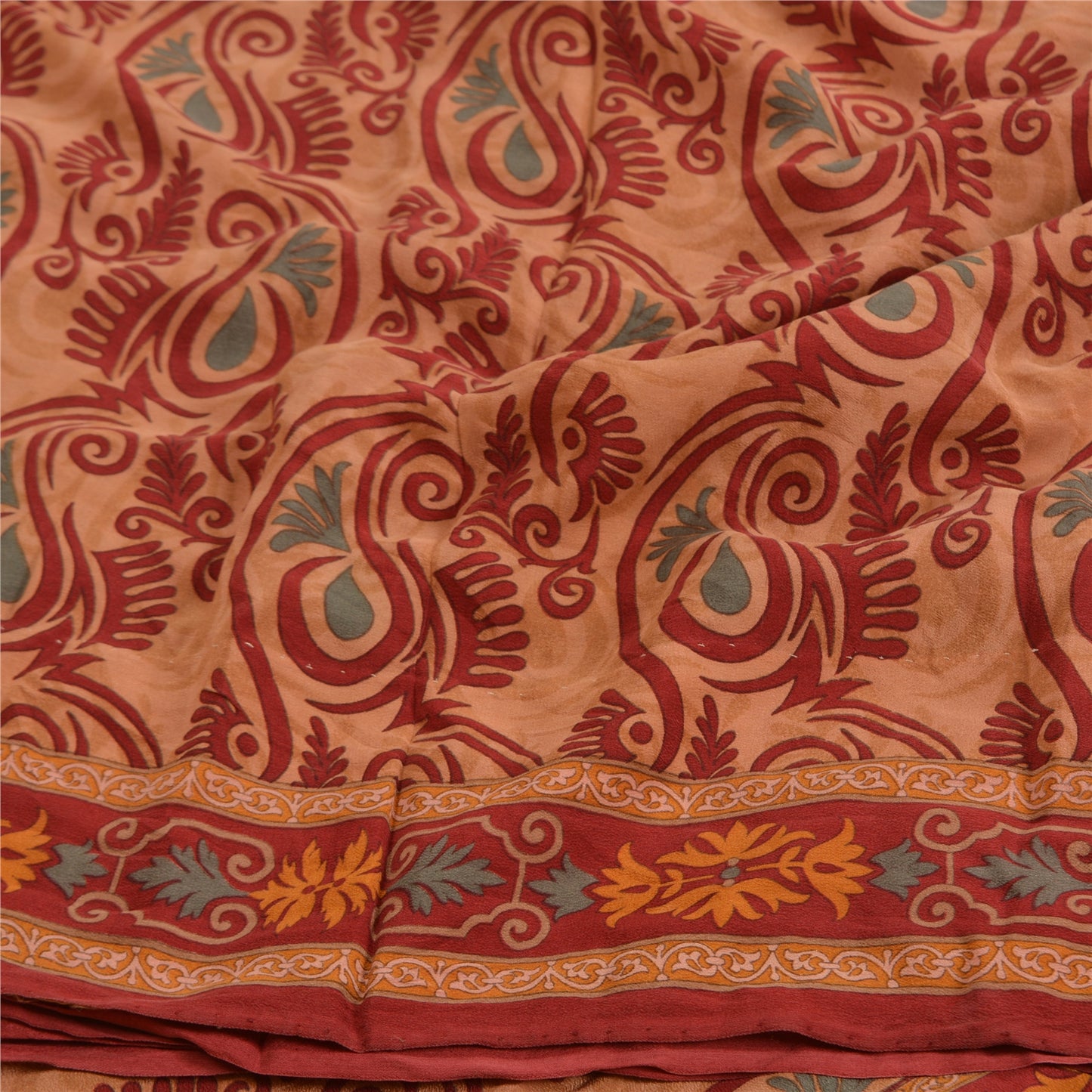 Sanskriti Vintage Sarees Orange Indian Printed Pure Crepe Silk Sari Craft Sustainable Fabric