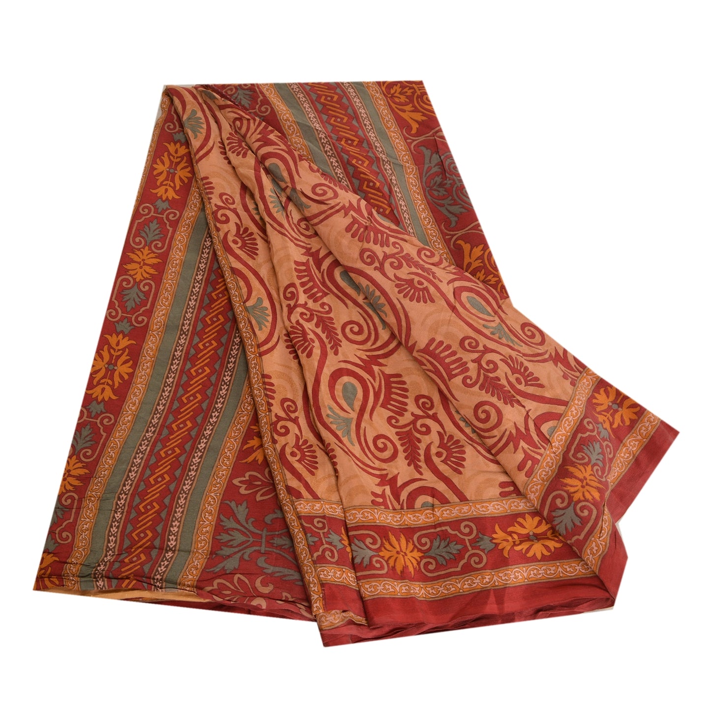 Sanskriti Vintage Sarees Orange Indian Printed Pure Crepe Silk Sari Craft Sustainable Fabric