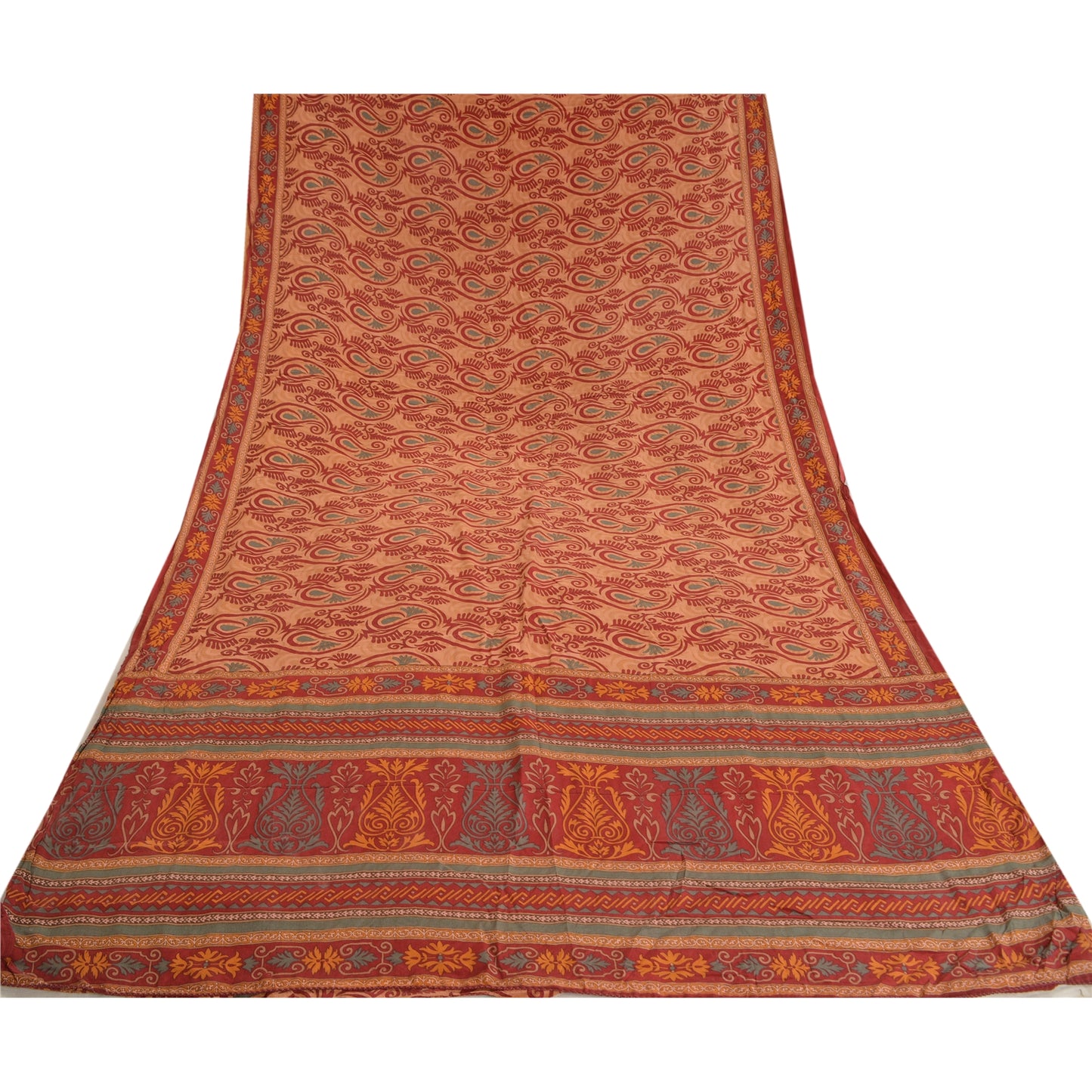 Sanskriti Vintage Sarees Orange Indian Printed Pure Crepe Silk Sari Craft Sustainable Fabric