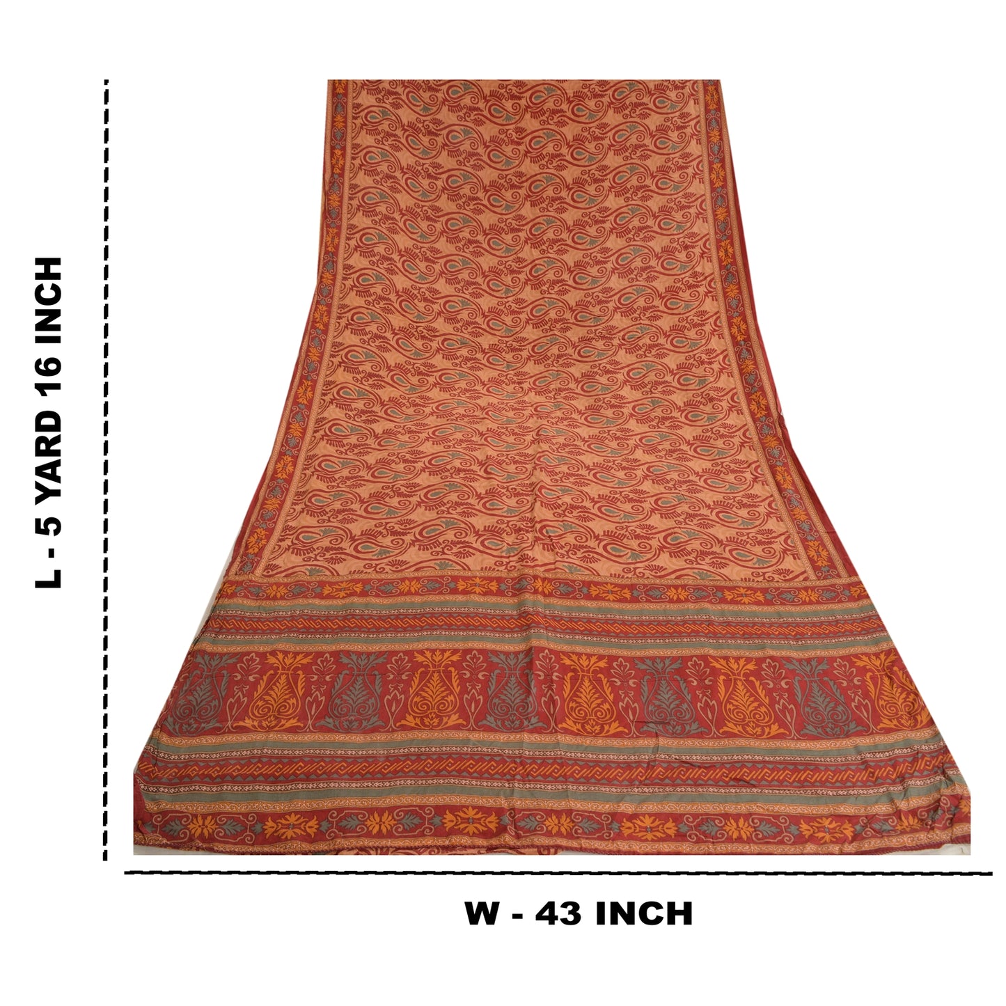 Sanskriti Vintage Sarees Orange Indian Printed Pure Crepe Silk Sari Craft Sustainable Fabric