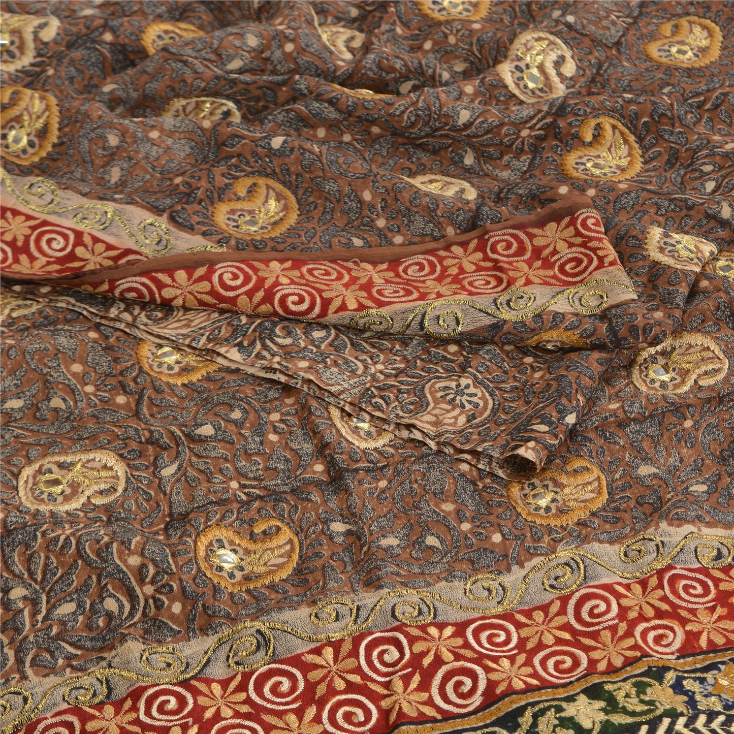 Sanskriti Vintage Sarees Black Hand Bead Print Pure Crepe Silk Sari Craft Sustainable Fabric