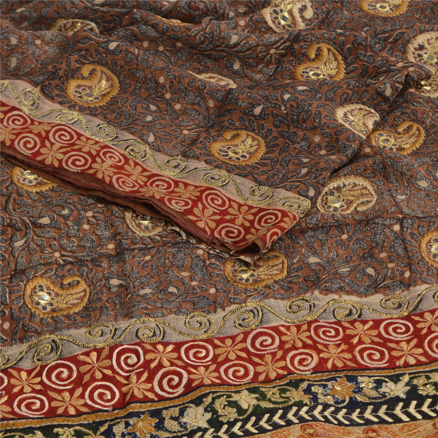 Sanskriti Vintage Sarees Black Hand Bead Print Pure Crepe Silk Sari Craft Sustainable Fabric