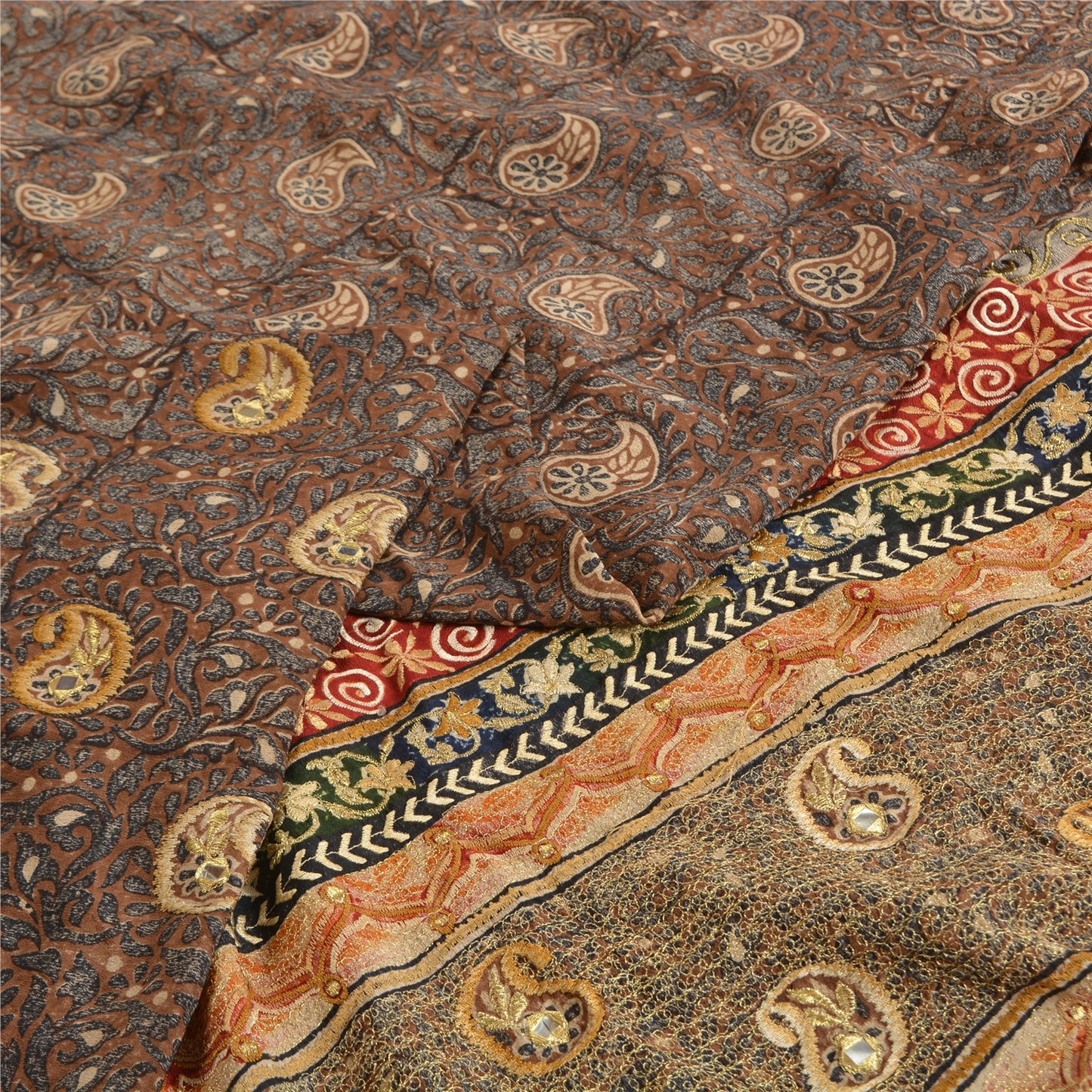 Sanskriti Vintage Sarees Black Hand Bead Print Pure Crepe Silk Sari Craft Sustainable Fabric