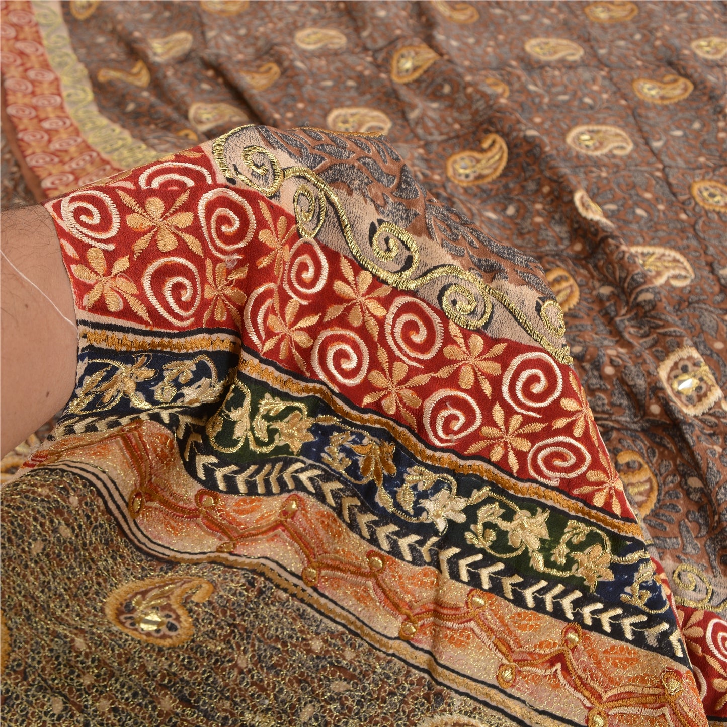 Sanskriti Vintage Sarees Black Hand Bead Print Pure Crepe Silk Sari Craft Sustainable Fabric