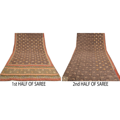 Sanskriti Vintage Sarees Black Hand Bead Print Pure Crepe Silk Sari Craft Sustainable Fabric