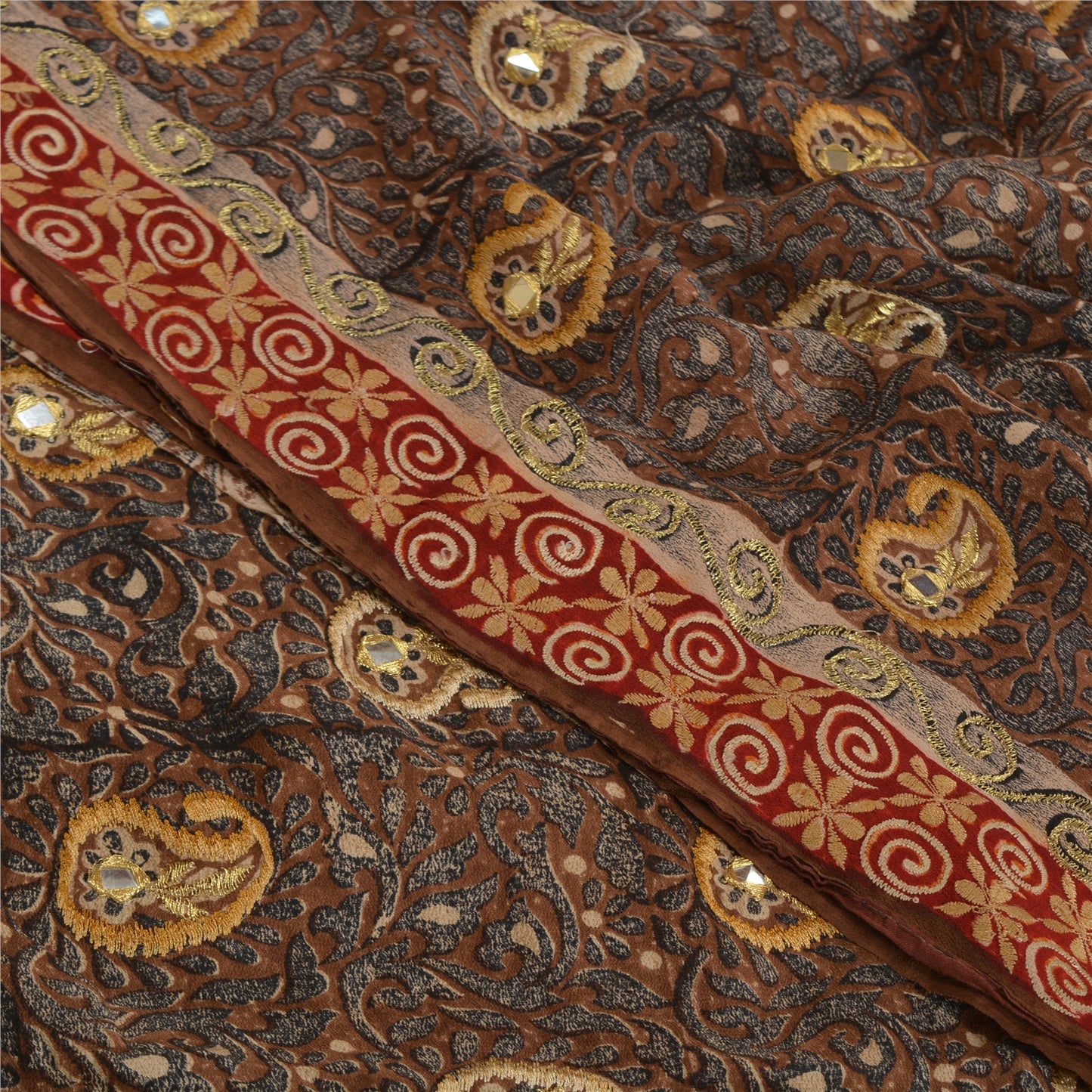 Sanskriti Vintage Sarees Black Hand Bead Print Pure Crepe Silk Sari Craft Sustainable Fabric