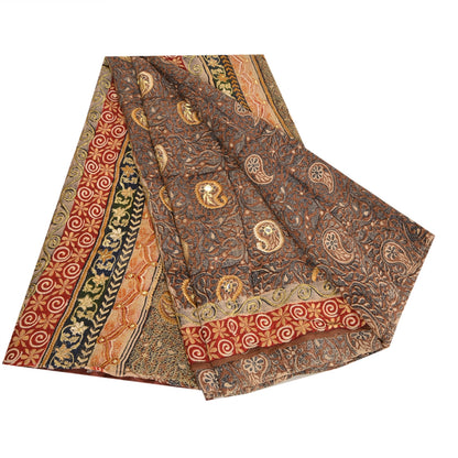 Sanskriti Vintage Sarees Black Hand Bead Print Pure Crepe Silk Sari Craft Sustainable Fabric