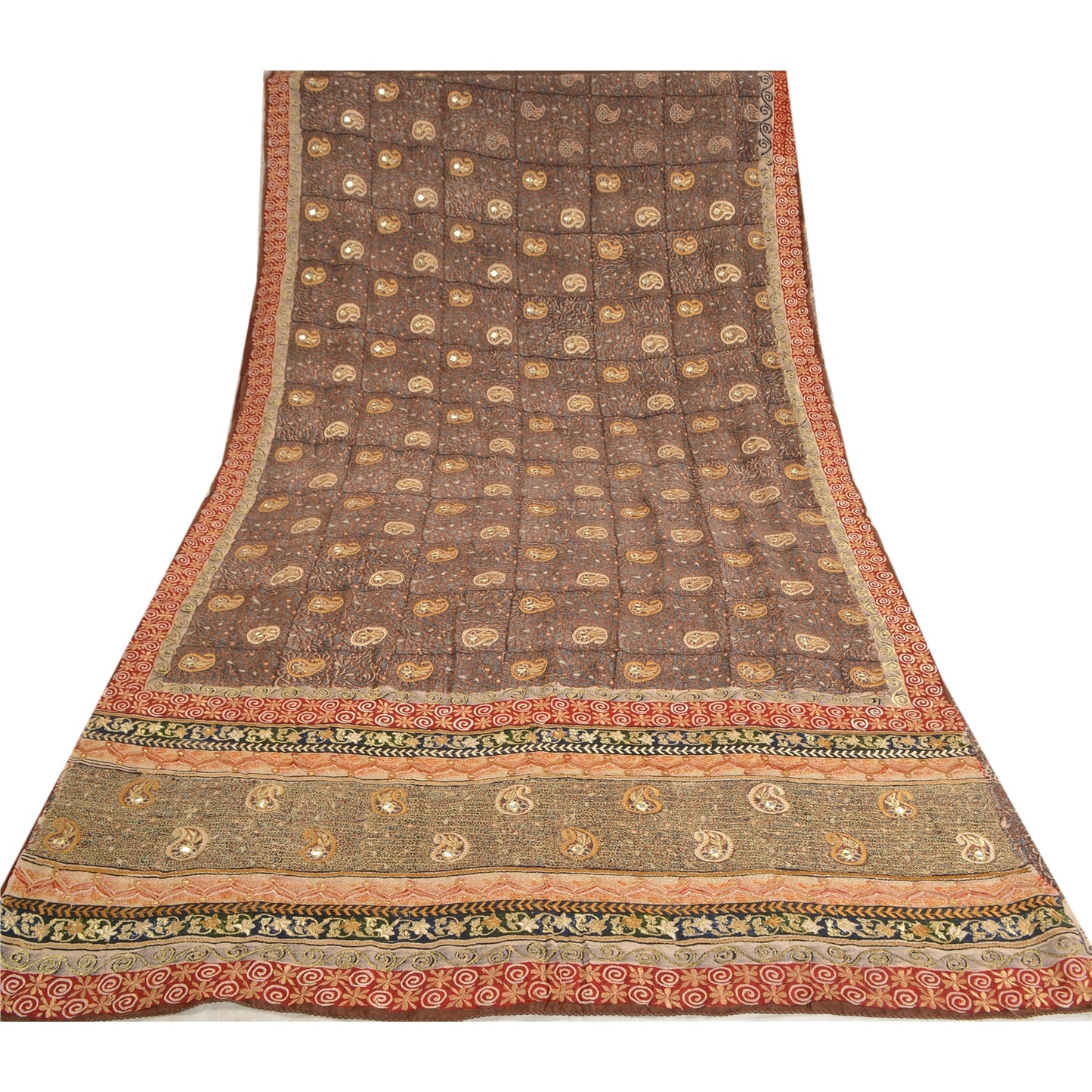 Sanskriti Vintage Sarees Black Hand Bead Print Pure Crepe Silk Sari Craft Sustainable Fabric