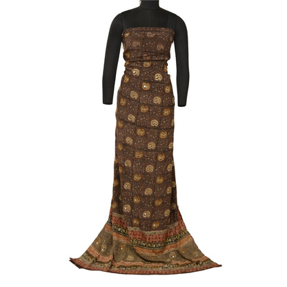 Sanskriti Vintage Sarees Black Hand Bead Print Pure Crepe Silk Sari Craft Sustainable Fabric