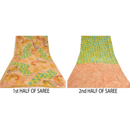 Sanskriti Vintage Sarees Grøn Ren Crepe Silke Trykt Sari Blødt Håndværk Bæredygtigt Stof