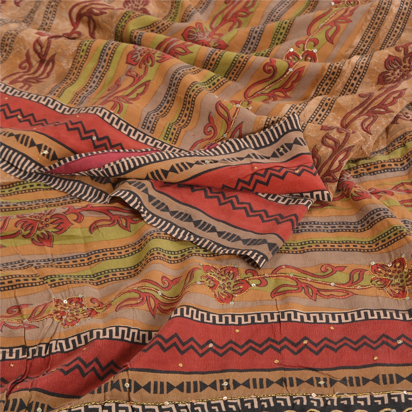 Sanskriti Vintage Sarees Multi Hand Bead Print Pure Crepe Silk Sari Craft Sustainable Fabric