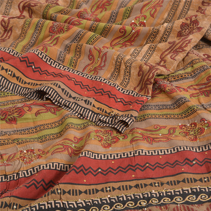 Sanskriti Vintage Sarees Multi Hand Bead Print Pure Crepe Silk Sari Craft Sustainable Fabric
