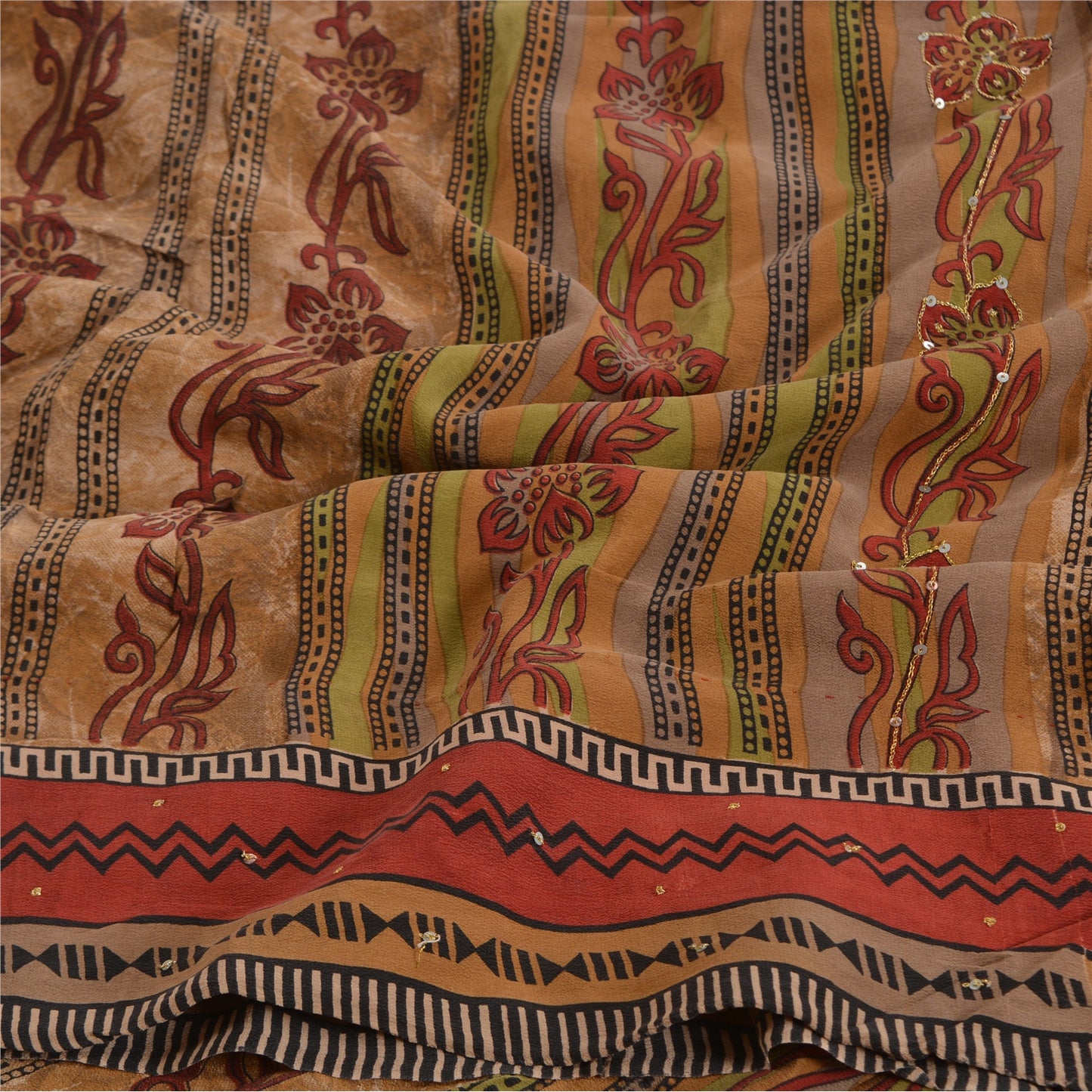 Sanskriti Vintage Sarees Multi Hand Bead Print Pure Crepe Silk Sari Craft Sustainable Fabric