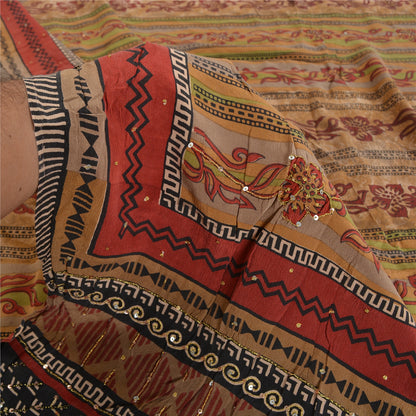 Sanskriti Vintage Sarees Multi Hand Bead Print Pure Crepe Silk Sari Craft Sustainable Fabric