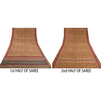 Sanskriti Vintage Sarees Multi Hand Bead Print Pure Crepe Silk Sari Craft Sustainable Fabric
