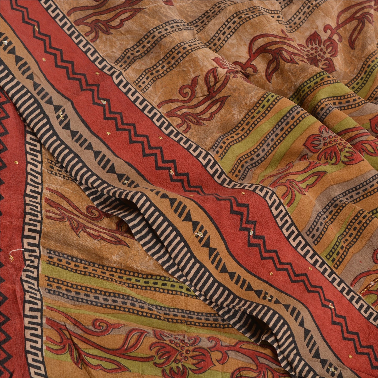 Sanskriti Vintage Sarees Multi Hand Bead Print Pure Crepe Silk Sari Craft Sustainable Fabric