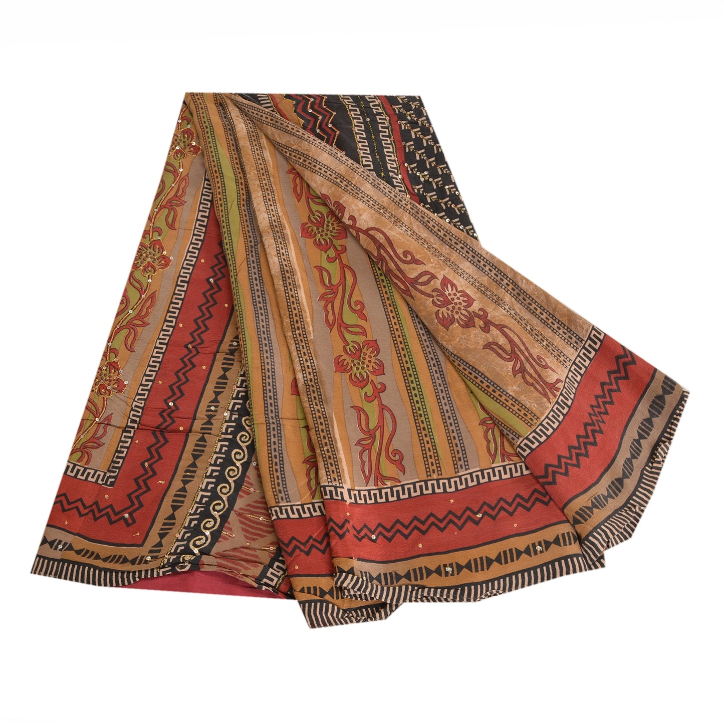 Sanskriti Vintage Sarees Multi Hand Bead Print Pure Crepe Silk Sari Craft Sustainable Fabric