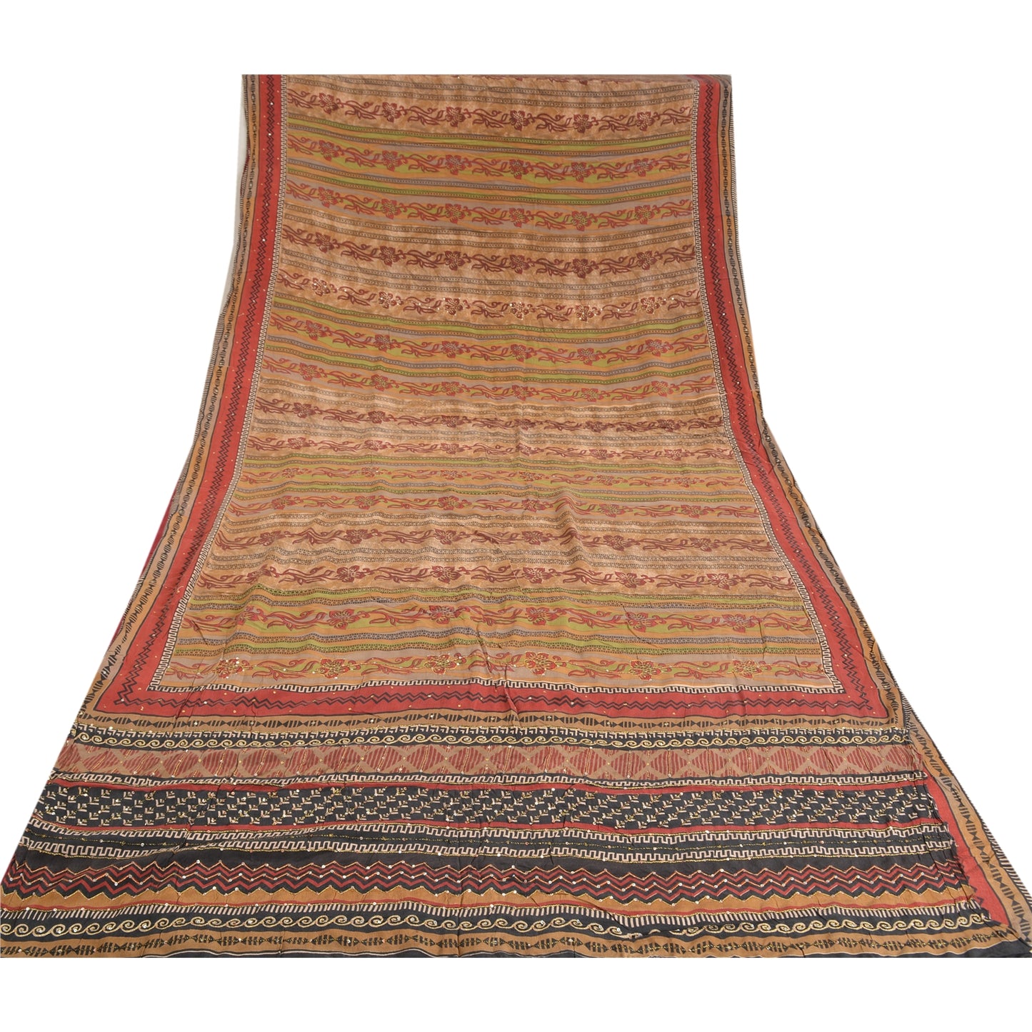 Sanskriti Vintage Sarees Multi Hand Bead Print Pure Crepe Silk Sari Craft Sustainable Fabric