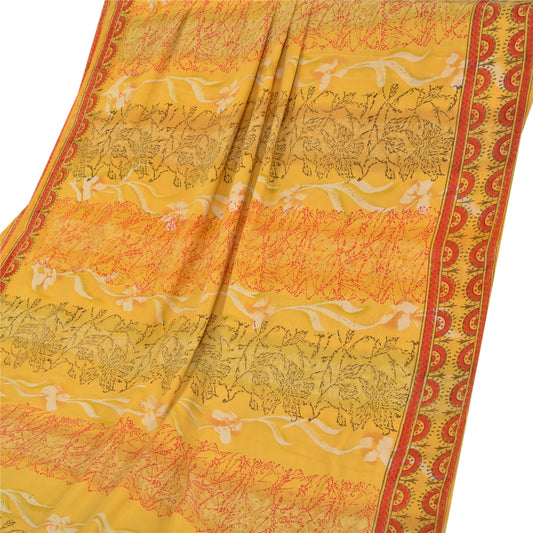 Sanskriti Vintage Sarees Yellow Pure Crepe Silk Printed Sari Soft Craft Sustainable Fabric