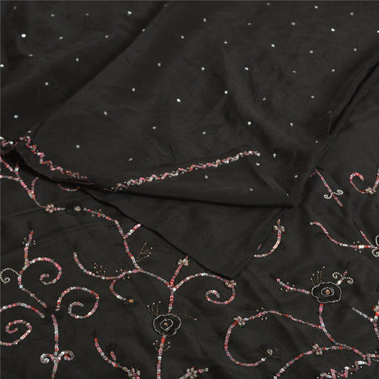 Sanskriti Vintage Sarees Black Hand Beaded Pure Crepe Silk Sari 5yd Craft Sustainable Fabric