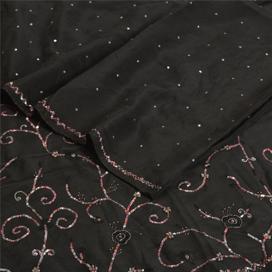 Sanskriti Vintage Sarees Black Hand Beaded Pure Crepe Silk Sari 5yd Craft Sustainable Fabric