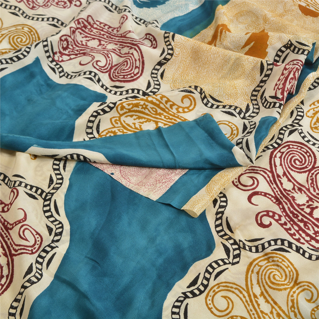 Sanskriti Vintage Sari Hand Block Printed Pure Crepe Silk Sari - 5.5 Yd Floral Craft Supplies Fabric Recycled For Quilting Felting, Decor