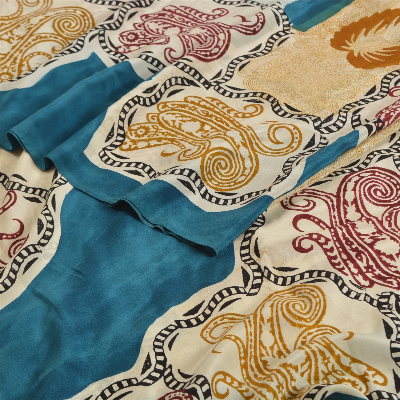 Sanskriti Vintage Sari Hand Block Printed Pure Crepe Silk Sari - 5.5 Yd Floral Craft Supplies Fabric Recycled For Quilting Felting, Decor