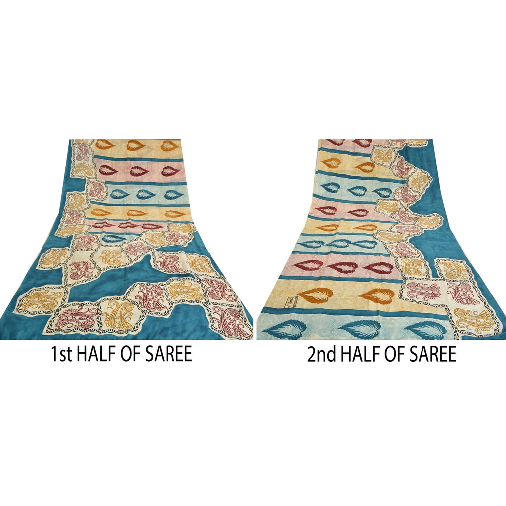 Sanskriti Vintage Sari Hand Block Printed Pure Crepe Silk Sari - 5.5 Yd Floral Craft Supplies Fabric Recycled For Quilting Felting, Decor