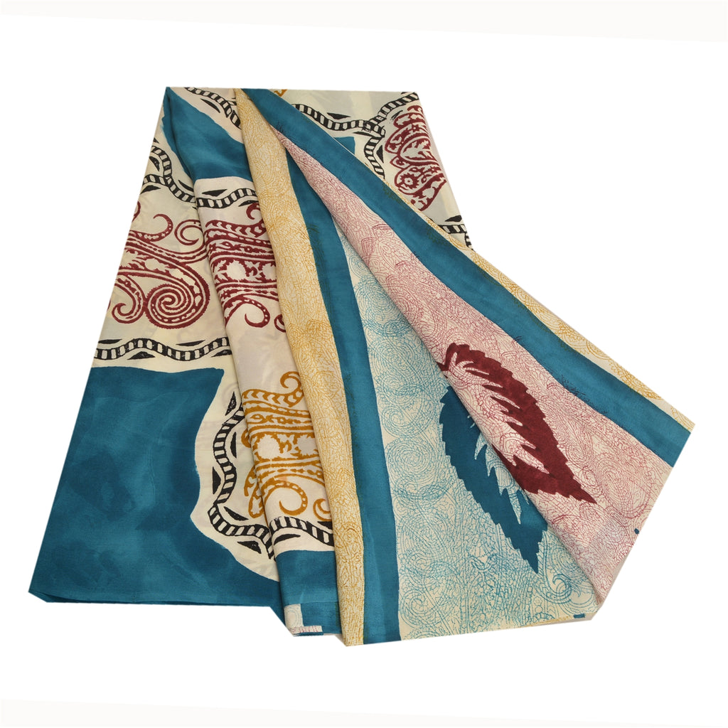Sanskriti Vintage Sari Hand Block Printed Pure Crepe Silk Sari - 5.5 Yd Floral Craft Supplies Fabric Recycled For Quilting Felting, Decor