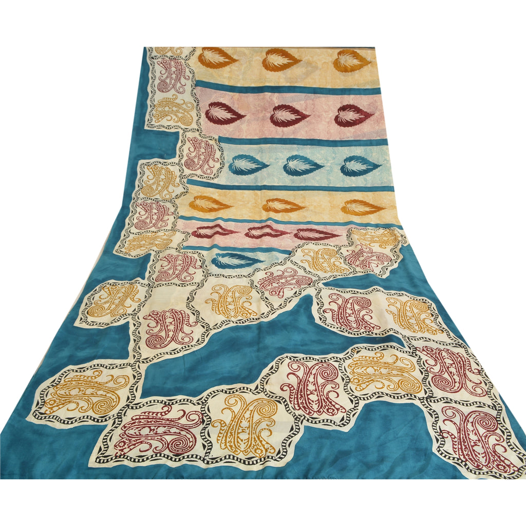 Sanskriti Vintage Sari Hand Block Printed Pure Crepe Silk Sari - 5.5 Yd Floral Craft Supplies Fabric Recycled For Quilting Felting, Decor