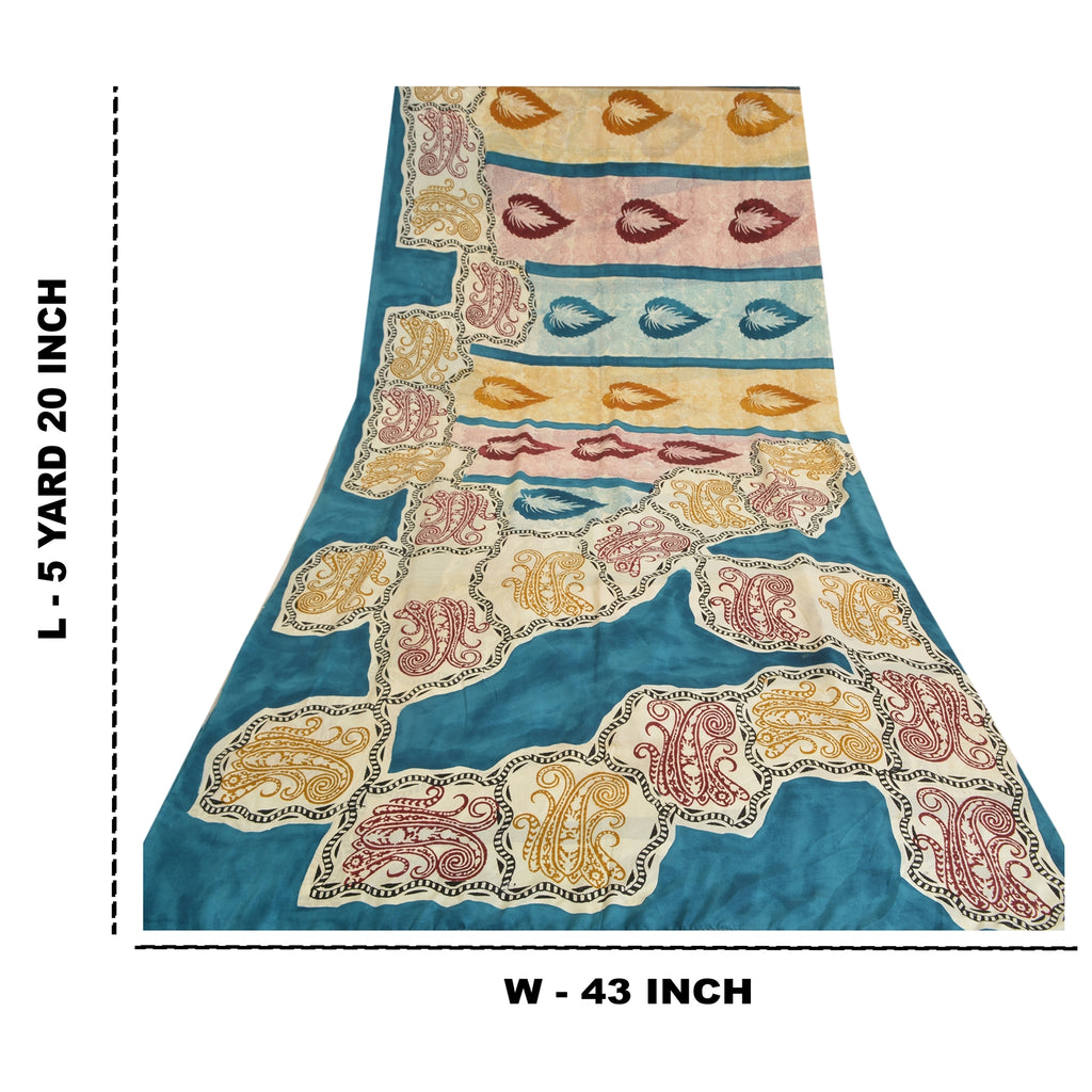 Sanskriti Vintage Sari Hand Block Printed Pure Crepe Silk Sari - 5.5 Yd Floral Craft Supplies Fabric Recycled For Quilting Felting, Decor